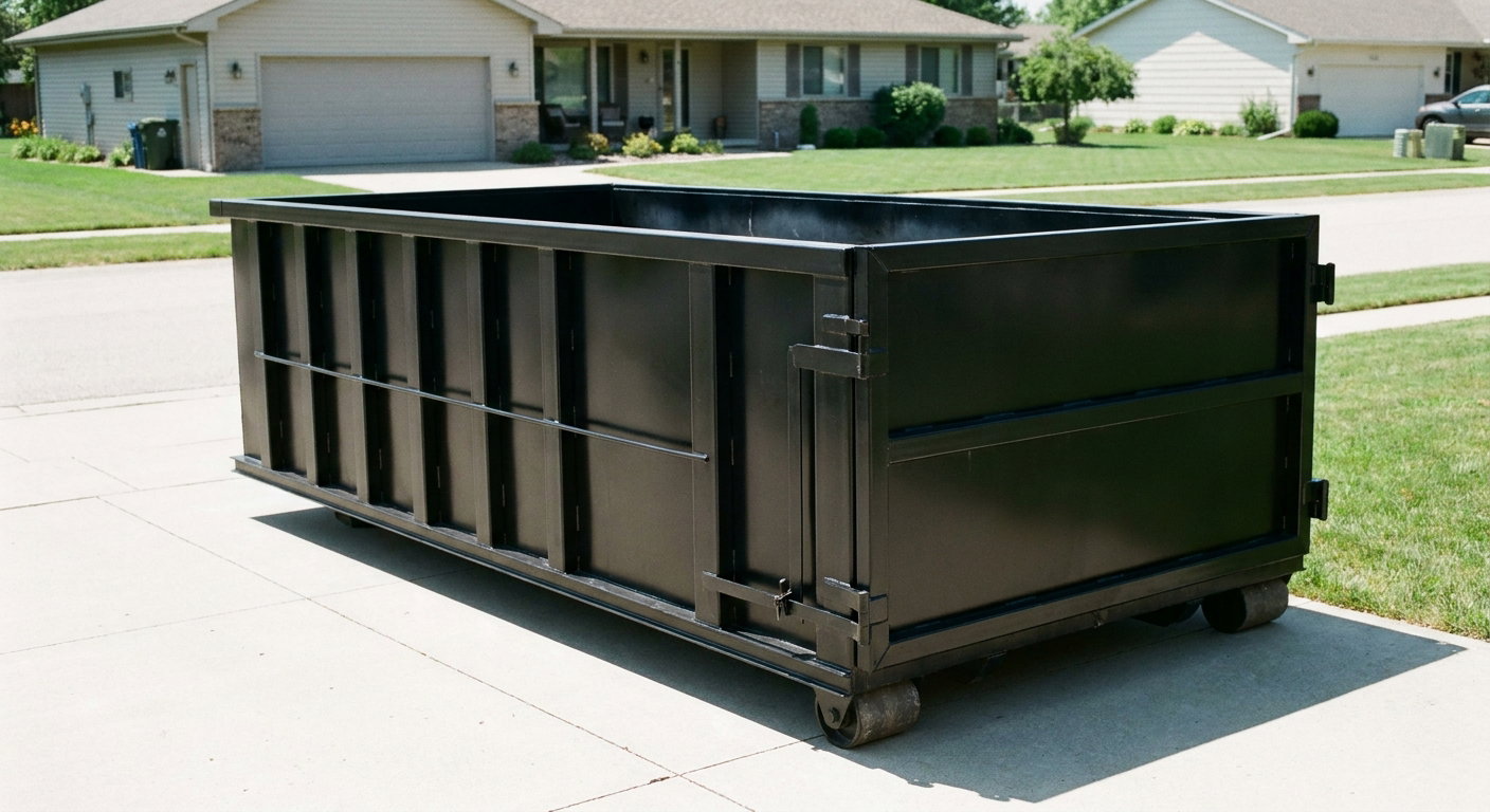 Matte-black 10-yard roll-off dumpster on a residential concrete driveway in Mc Allen, uniformly painted matte black across every panel and rail, ribbed steel sidewalls and rear swing door visible, mid-day daylight.