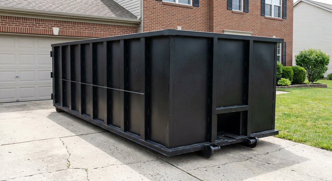 Matte-black 20-yard roll-off container on a Mc Allen residential concrete driveway with reinforced ribbed steel sidewalls and a hinged rear walk-in door, clean bright daylight.