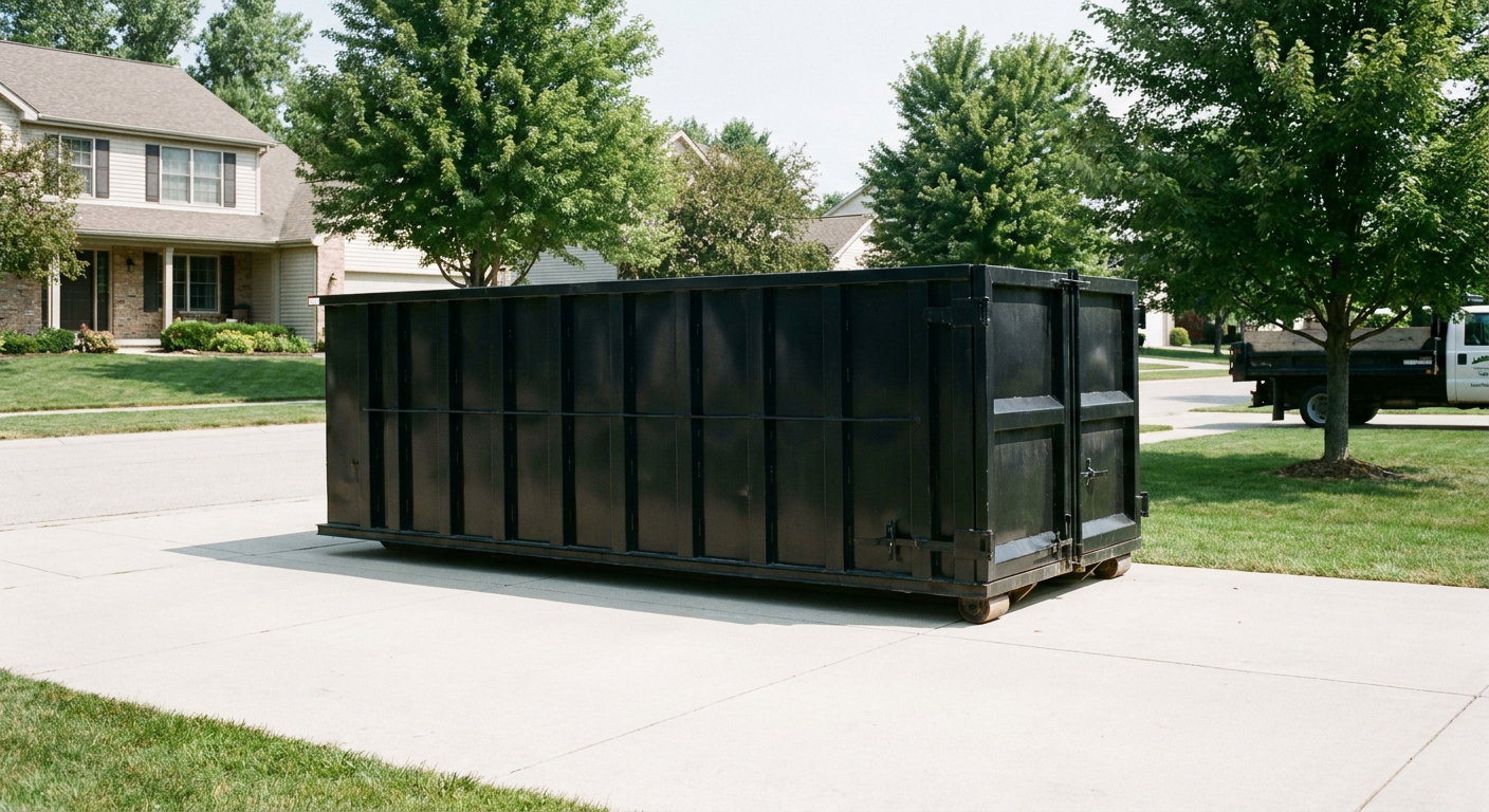 Matte-black 20-yard roll-off dumpster sitting level on a clean Mc Allen residential concrete driveway under bright daylight, demonstrating clean placement directly on the concrete.