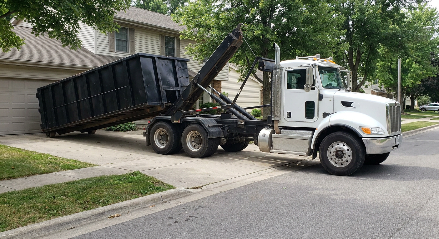 White-cab hooklift roll-off truck actively lowering a matte-black dumpster onto a Mc Allen residential concrete driveway, the dumpster's rear wheels touching the driveway as the hoist arm tilts the bed forward, mid-morning daylight.